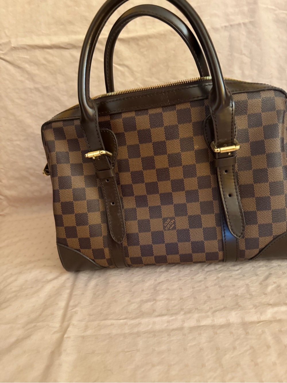 Beautiful Brown Checkered Satchel with Gold Hardware